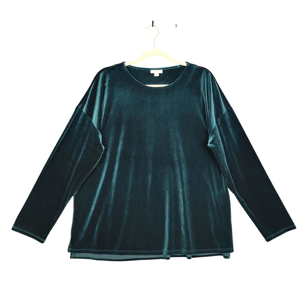 J JILL Green Stretch Velvet Drop Shoulder Top Whimsigoth Comfort SIZE LARGE